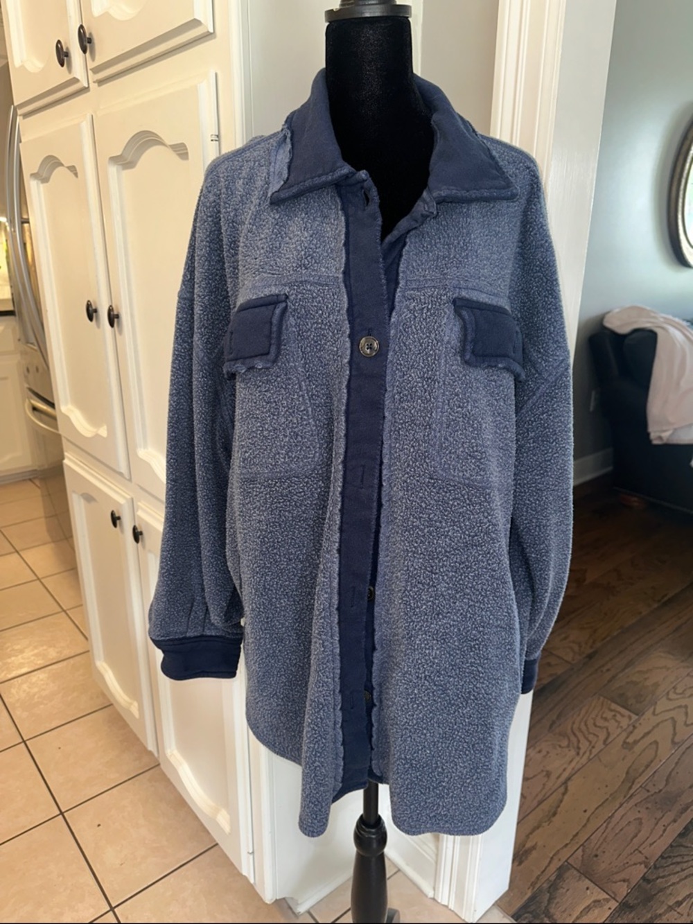Free People Navy Blue Teddy Jacket with Button Front